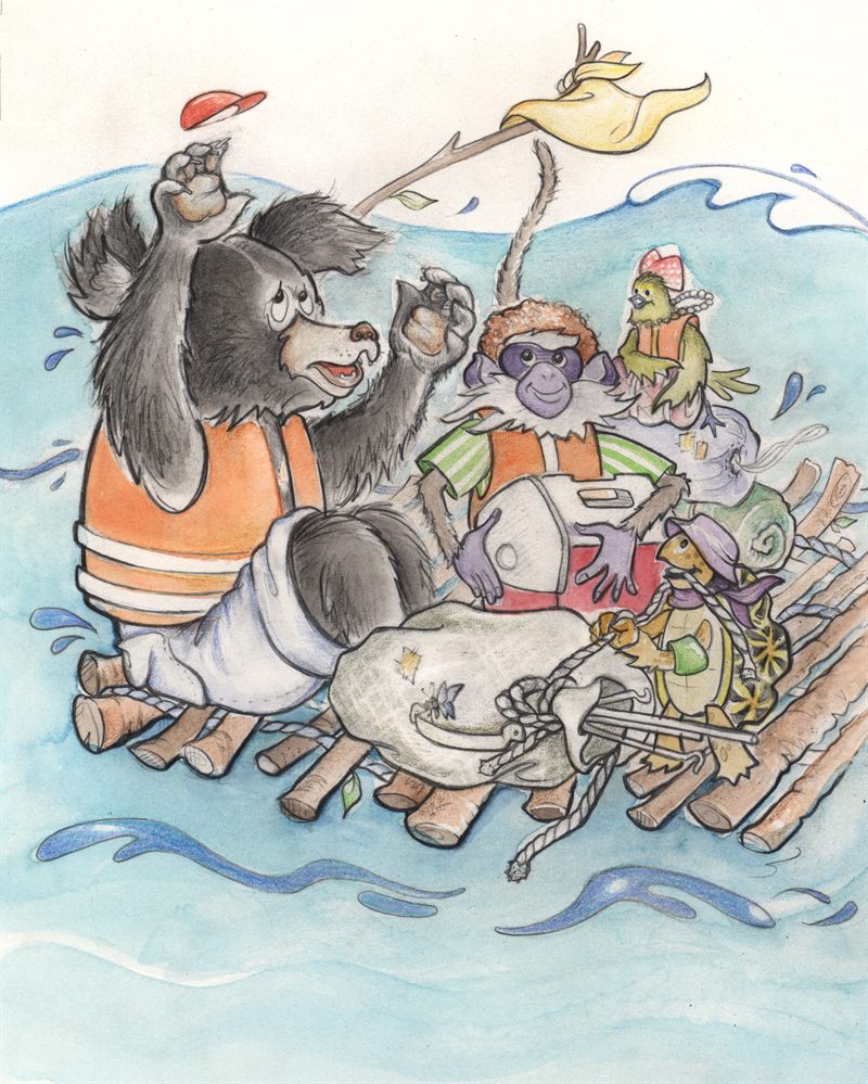 Nawful and his friends floating on a raft, watercolor illustration