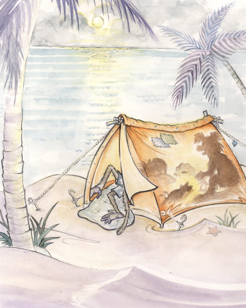 A tent pitched on the beach beside palm trees, watercolor illustration